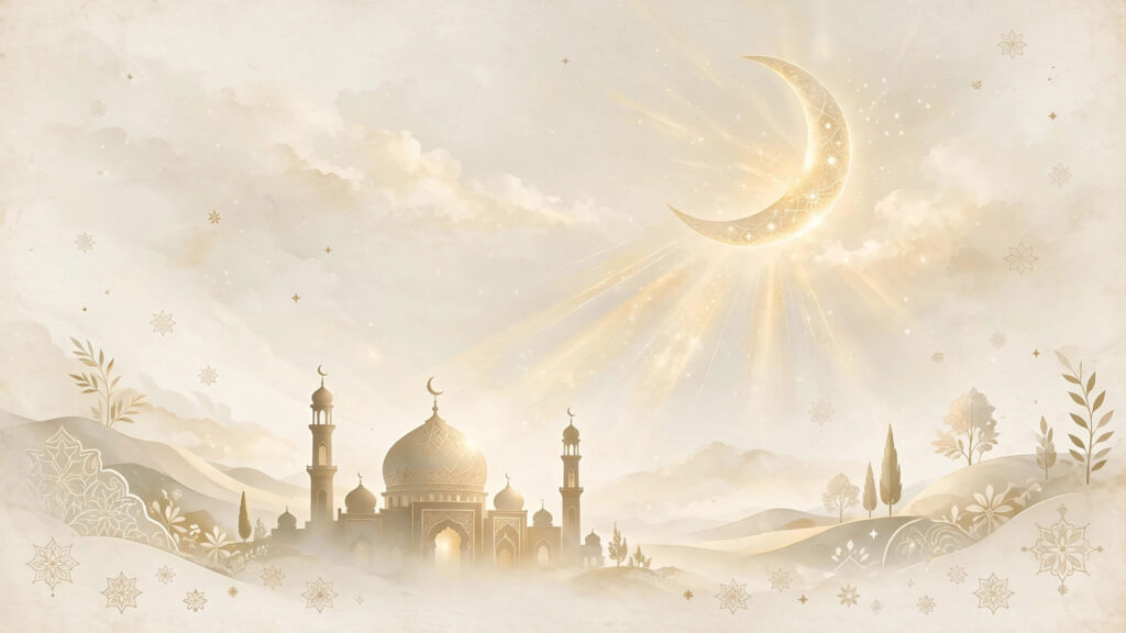 Elegant mosque silhouette at dawn beneath a glowing crescent moon, soft gold light rays, cream sky
