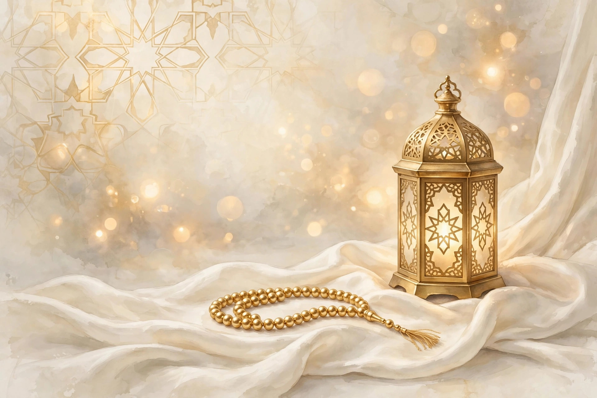 Golden prayer beads resting on soft cream fabric beside a glowing lantern