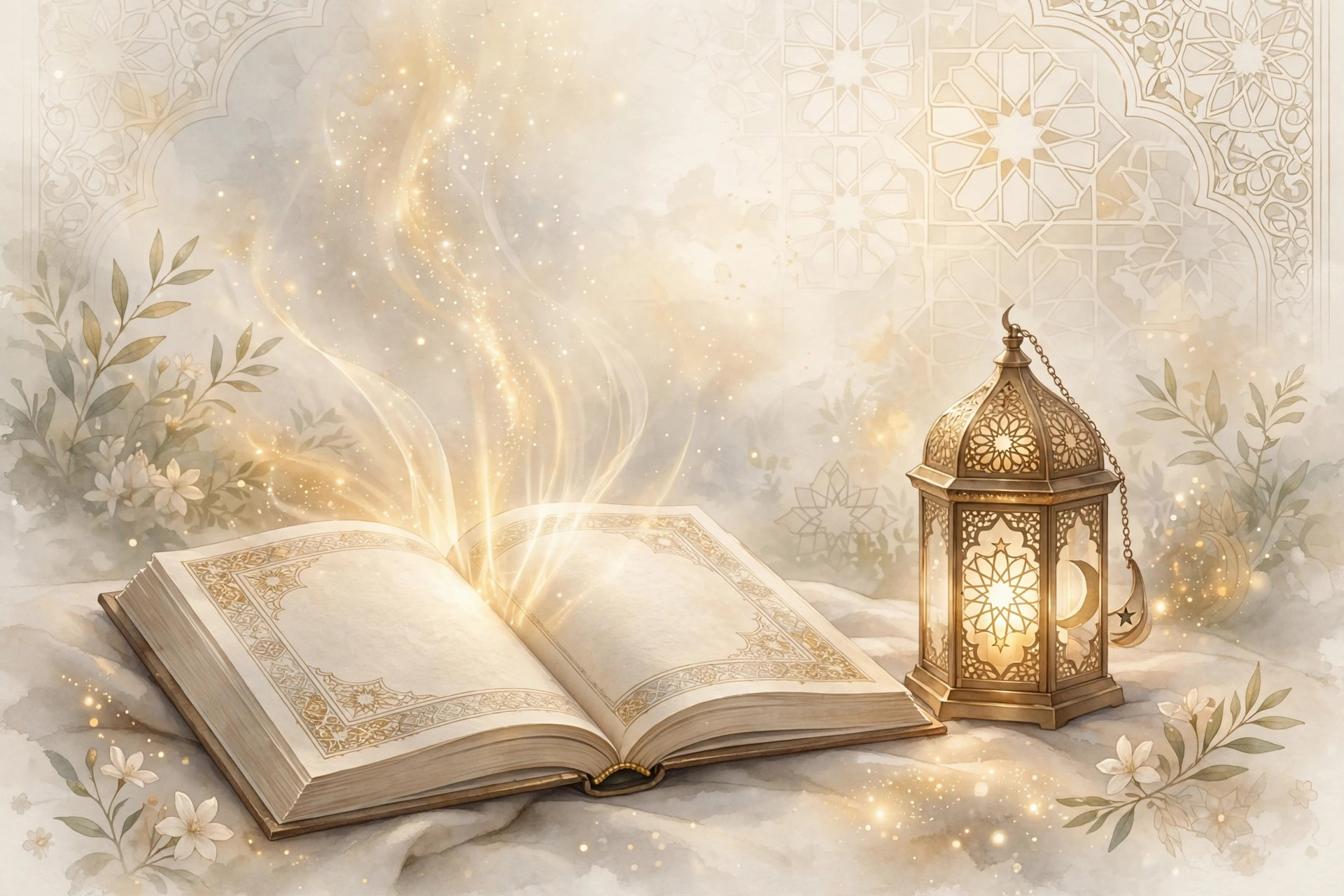 Open Quran with soft golden light rays beside a glowing lantern at dawn