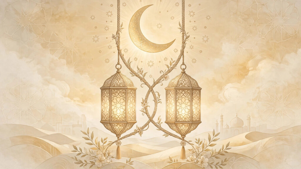 Crescent moon with glowing lanterns, a birthday blessing for a friend