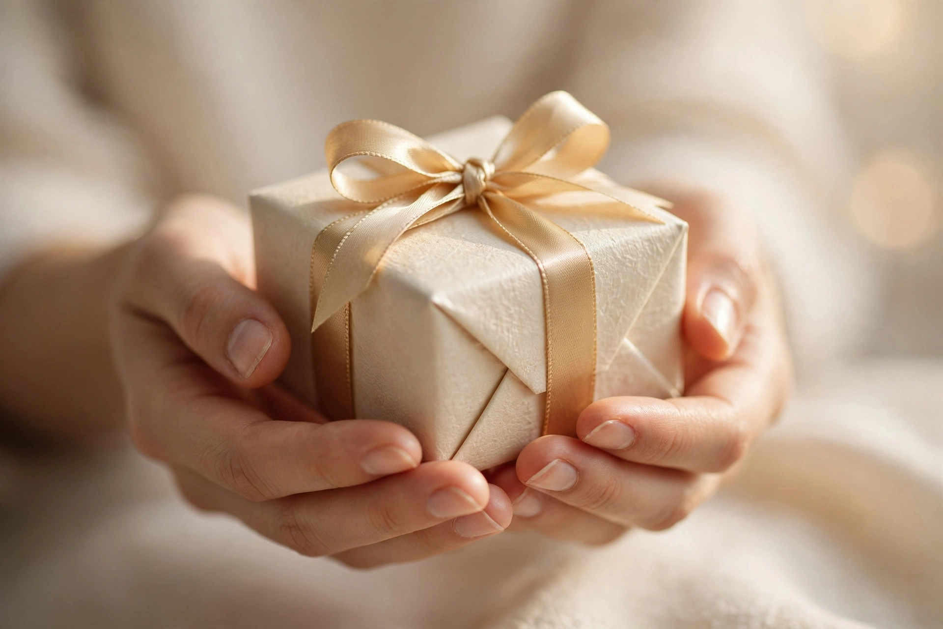 Hands gently offering a beautifully wrapped birthday gift with a gold ribbon