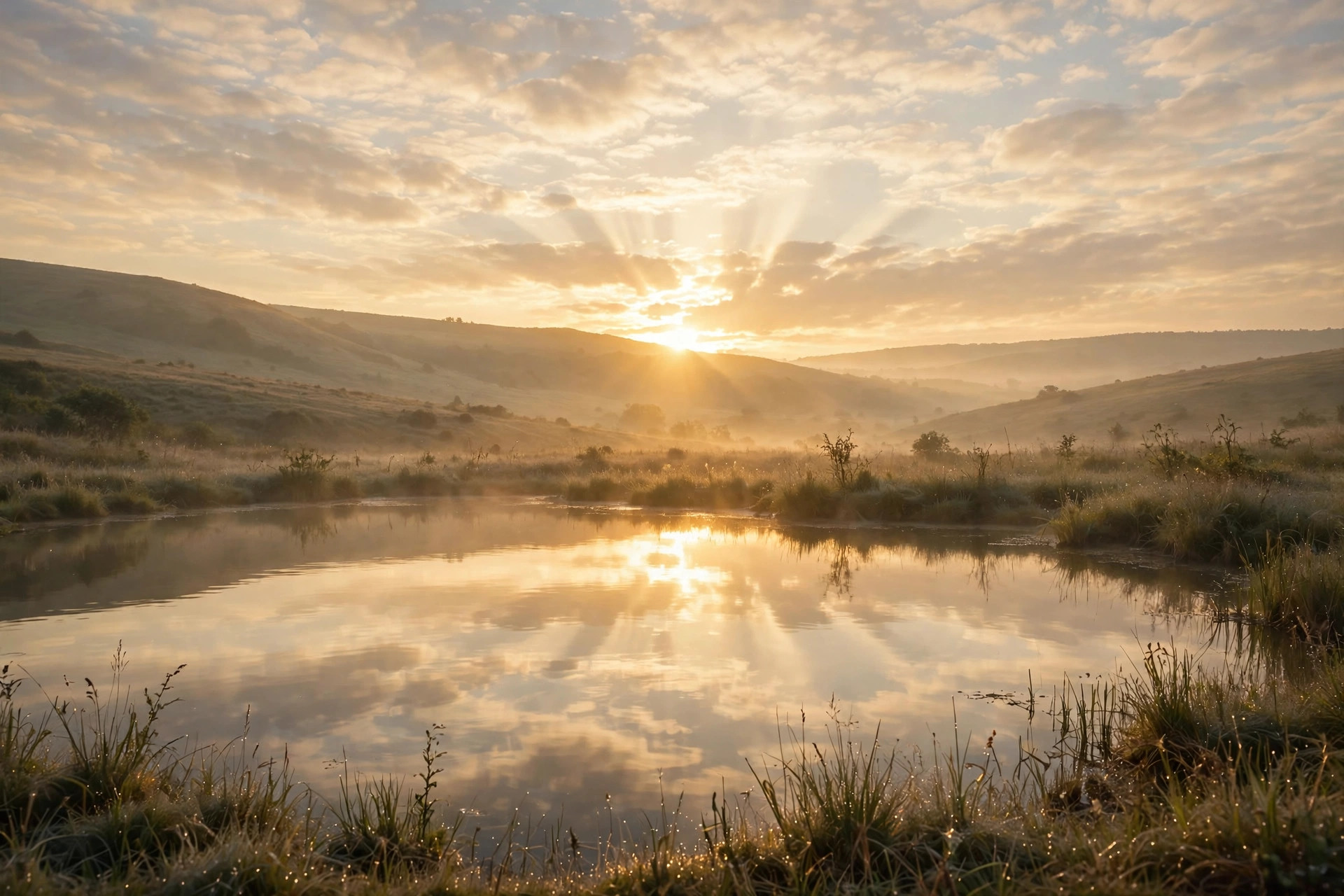 A peaceful sunrise over a calm landscape, a symbol of new beginnings and hope
