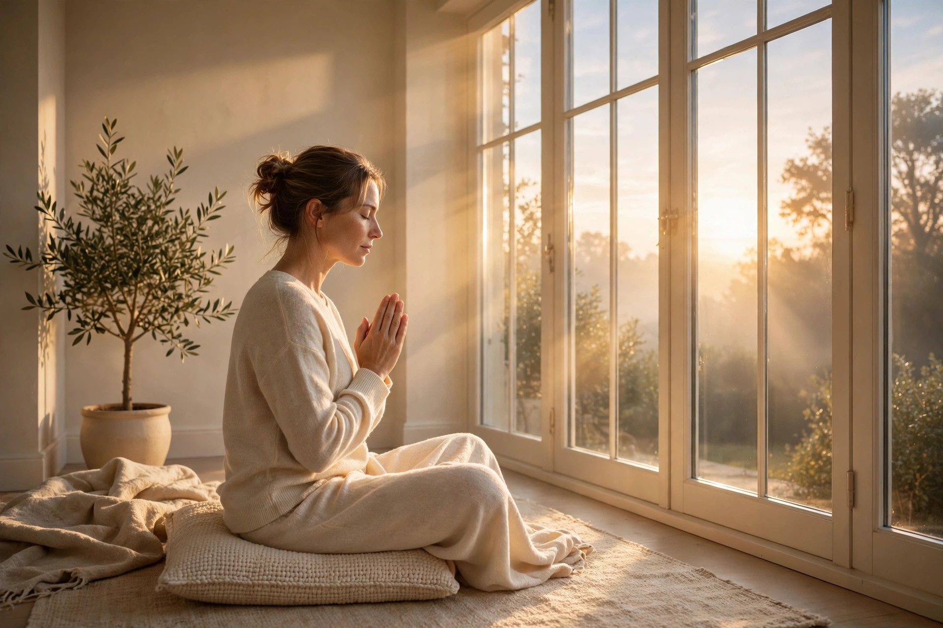 A person praying by a window at sunrise with hands folded and warm morning light streaming in