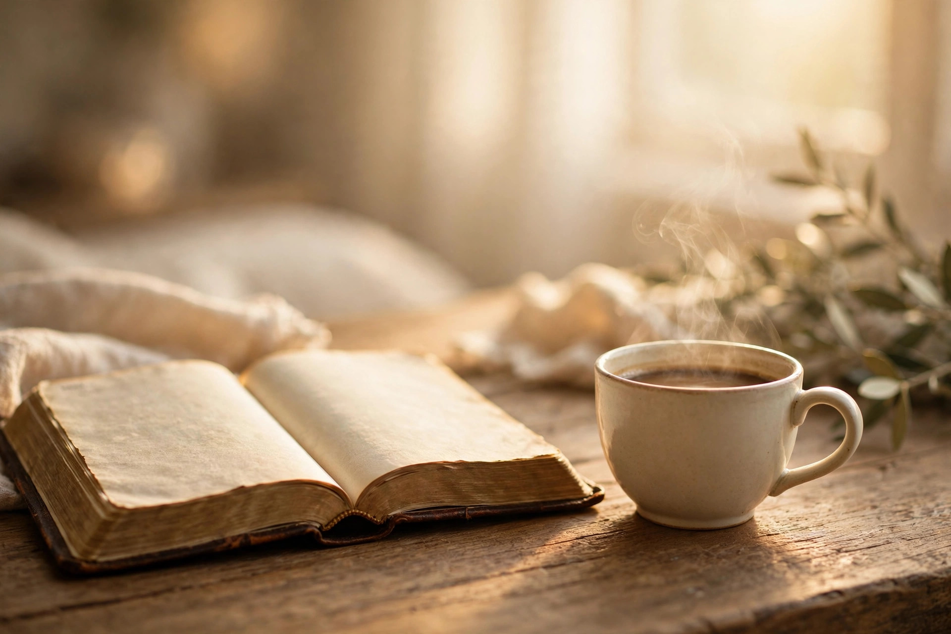 A steaming cup of coffee beside an open Bible on a table in soft morning sunlight