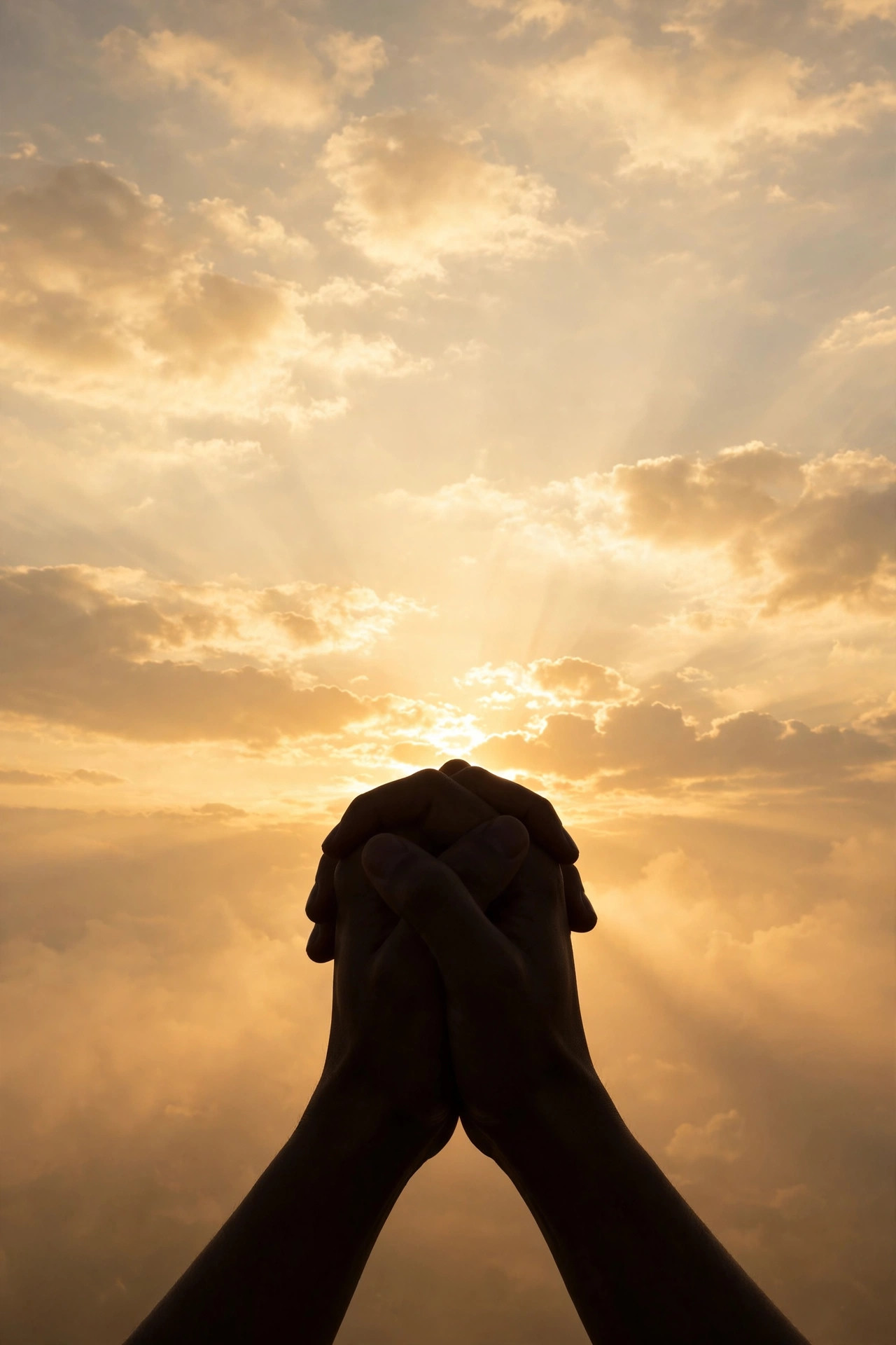 Hands folded in prayer silhouetted against a glowing sunrise sky