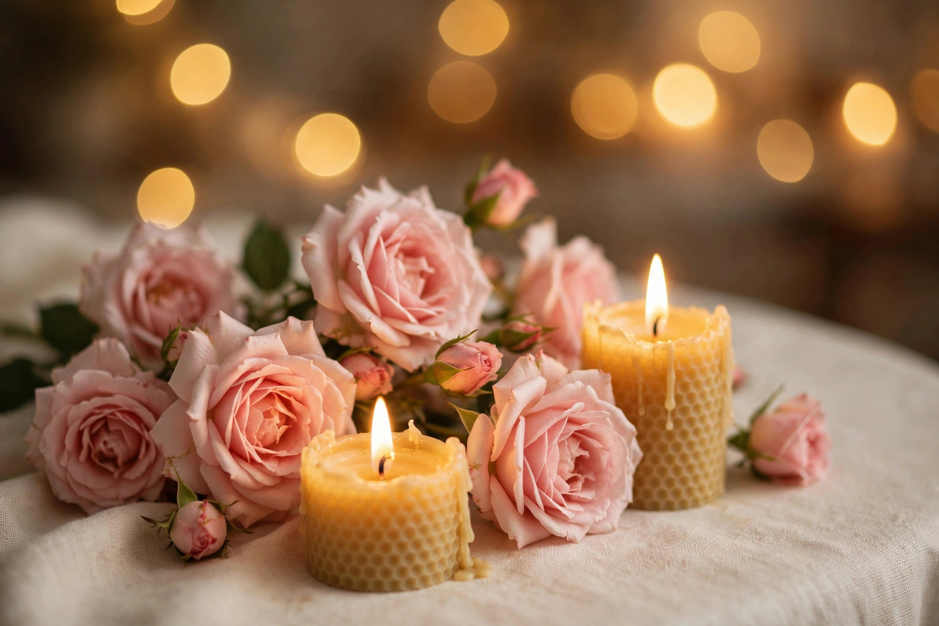 Warm candlelight and soft roses on a cream table, a serene anniversary blessing scene