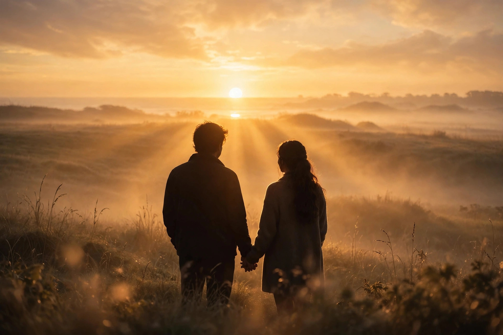 A couple holding hands at sunrise in warm golden light, peaceful and full of love