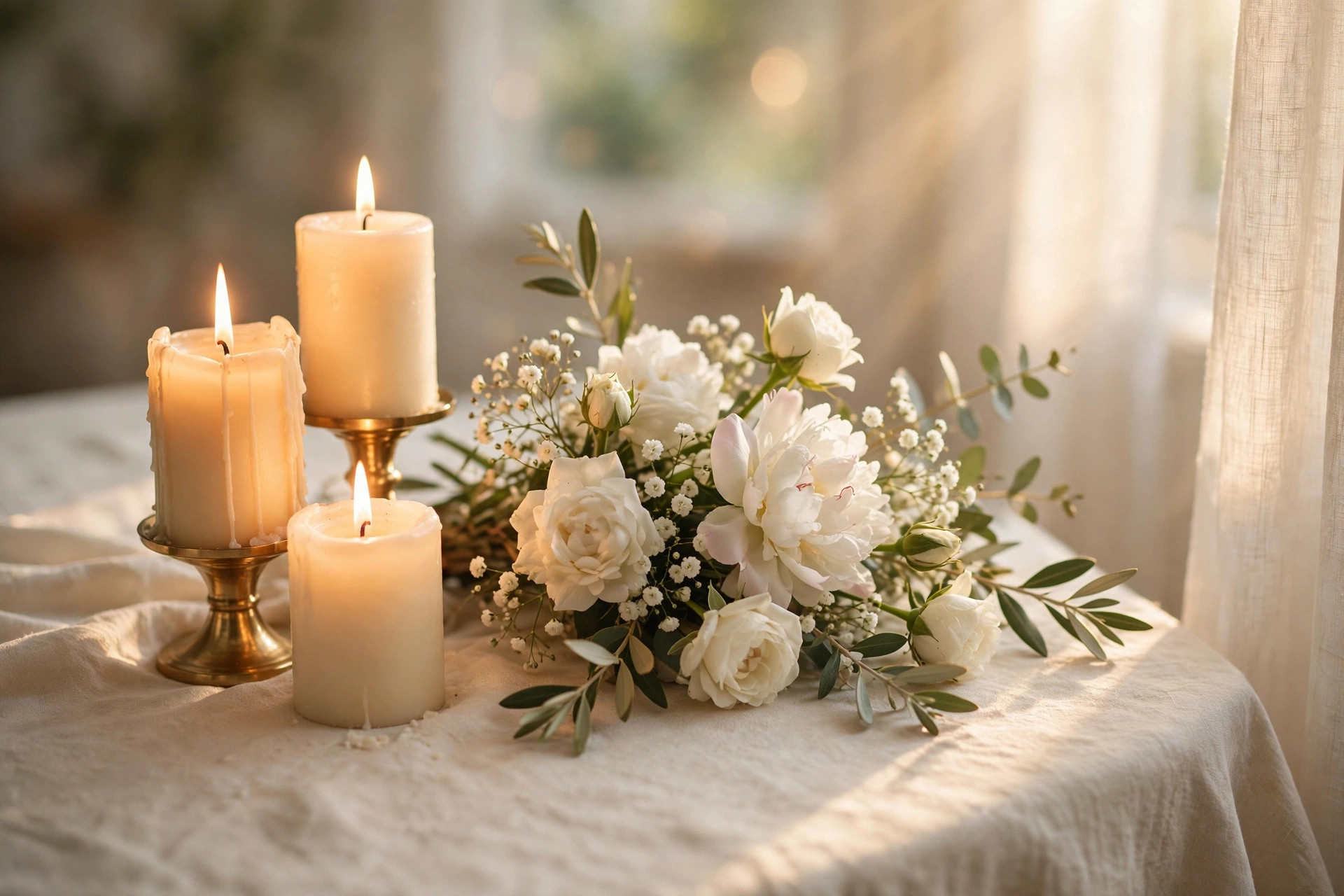 Soft glowing candles beside white flowers on a cream tablecloth, a serene anniversary mood