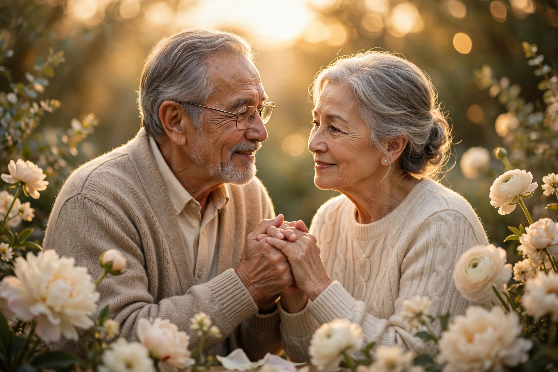 An elderly couple holding hands in warm golden light, surrounded by soft flowers