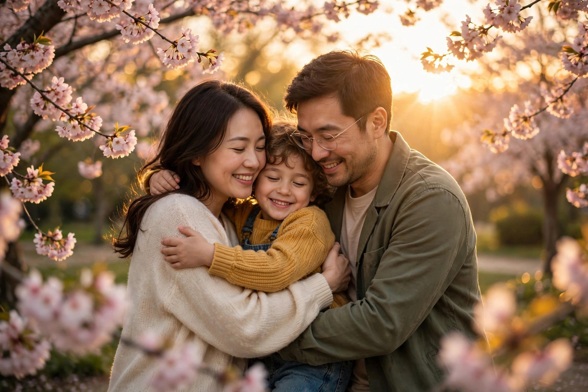 A warm family embrace at sunset, golden light glowing through soft blossoms
