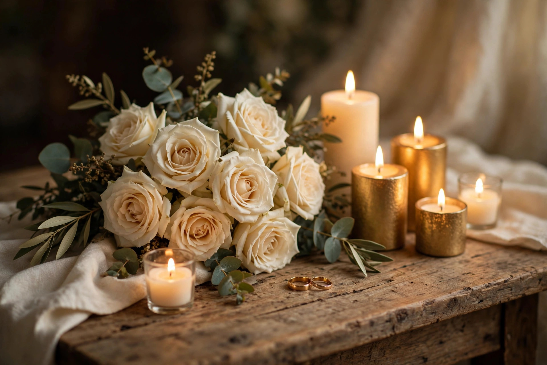 Soft candlelight and cream roses on a wooden table, honoring a lifetime of love