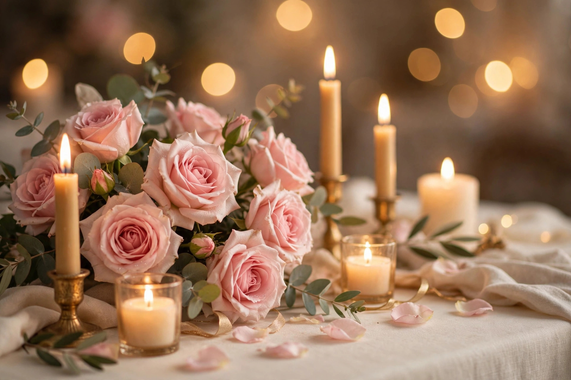 Soft pink roses and glowing candlelight on a cream table, a romantic anniversary blessing scene