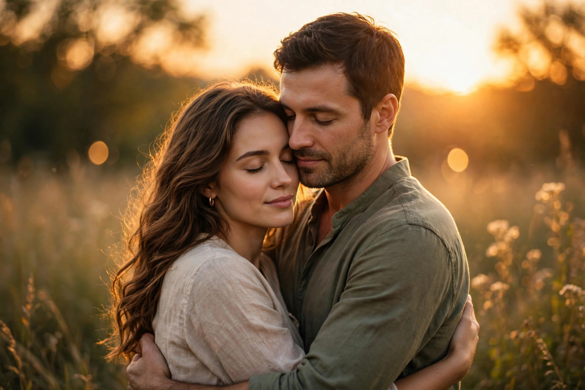 A couple embracing at golden sunset, warm light and soft bokeh, full of tender love