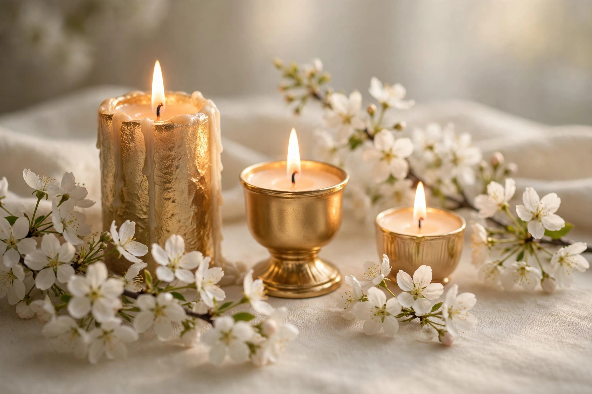 Glowing candles and white blossoms in soft morning light, a peaceful anniversary atmosphere