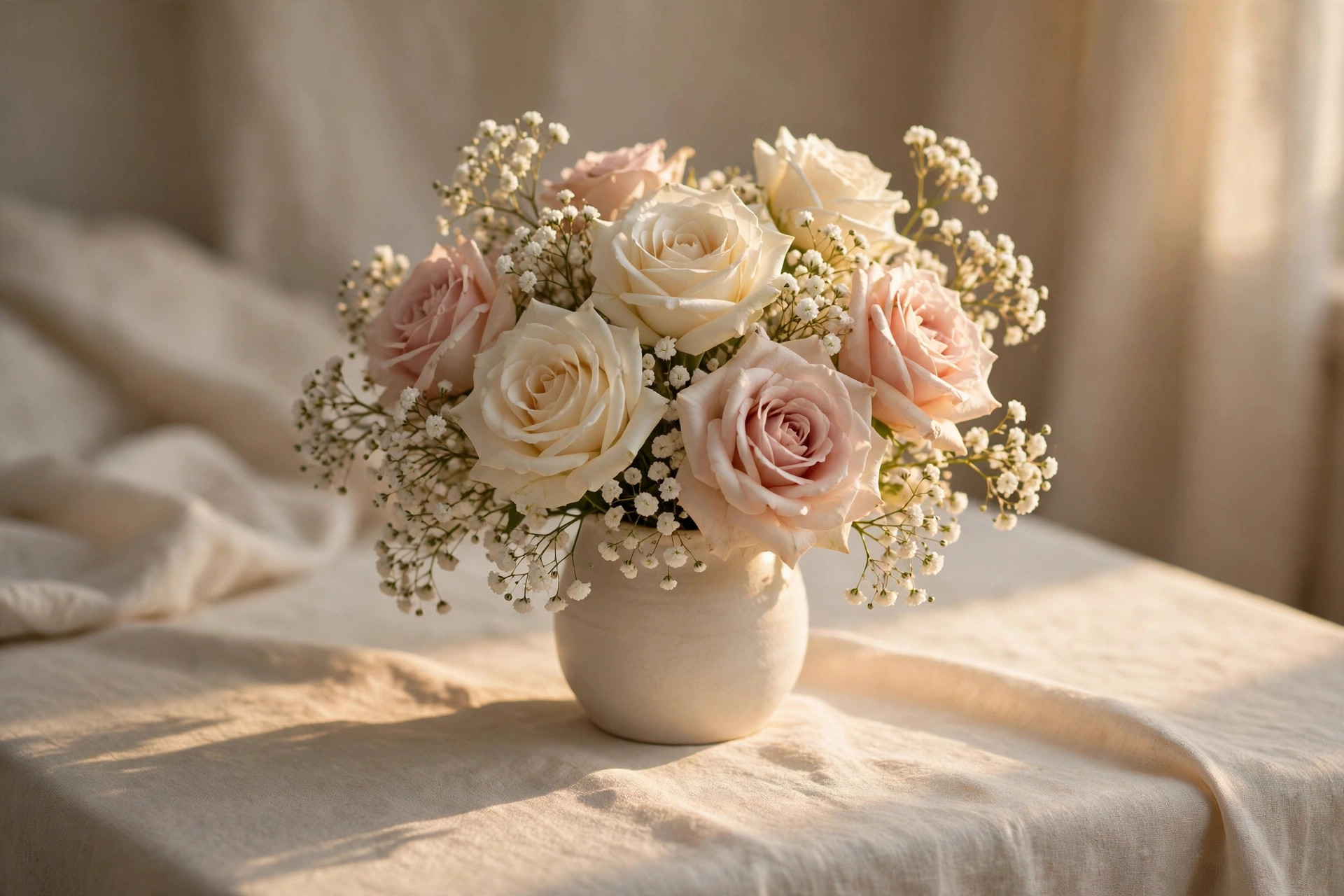 A mother's hands holding a steaming cup of tea at a sunlit table with soft flowers nearby