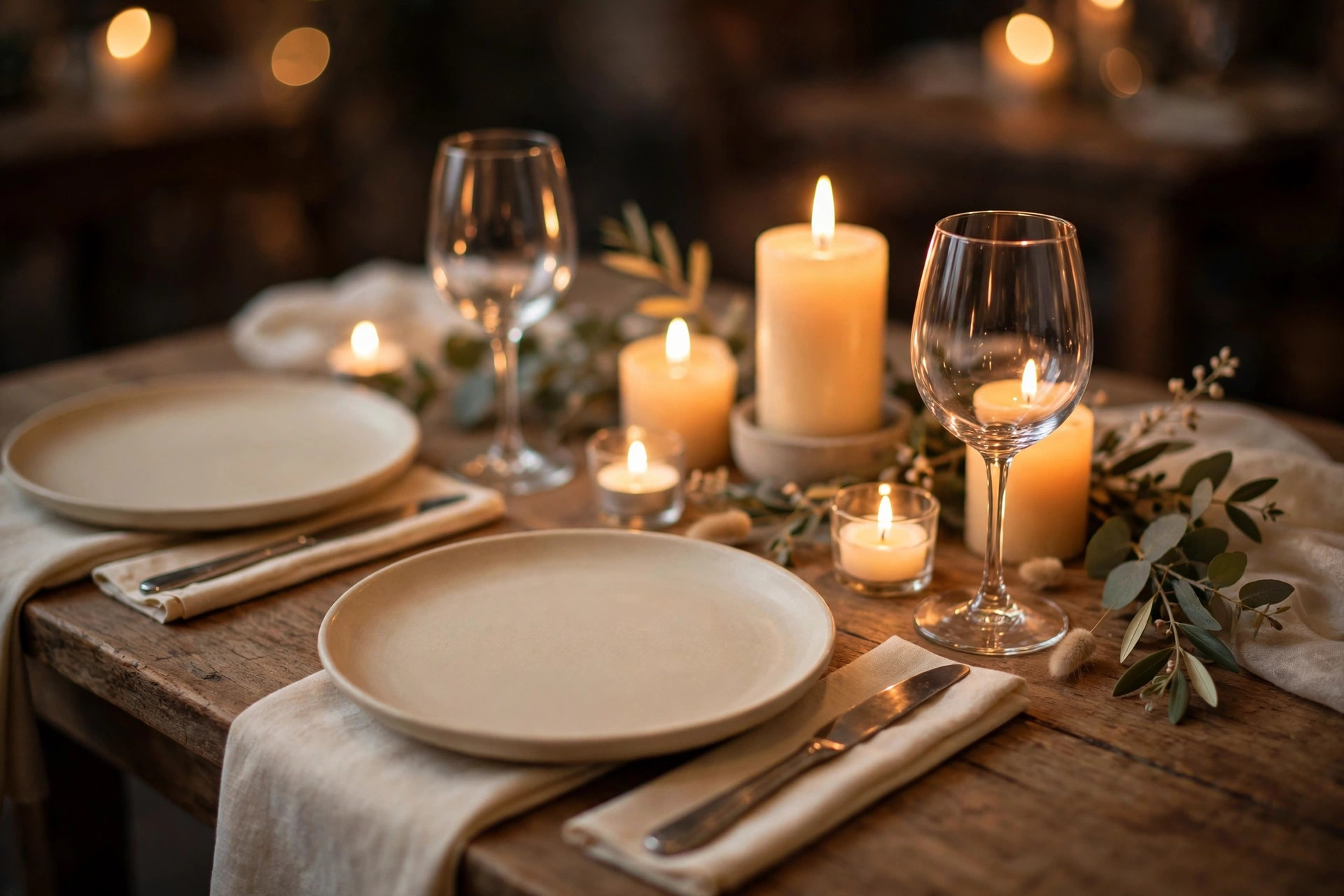 A bouquet of cream and blush roses with baby's breath on a soft cream tablecloth in warm golden light