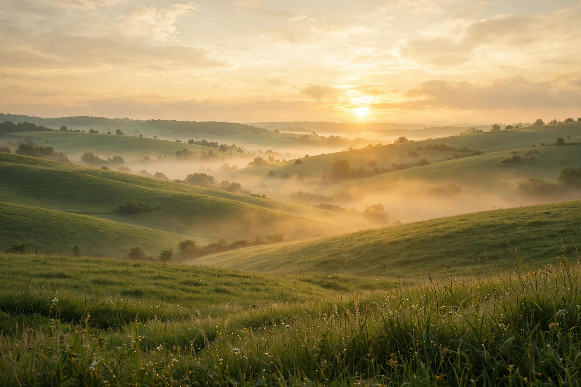 Sunrise over rolling green fields with soft golden mist and warm light
