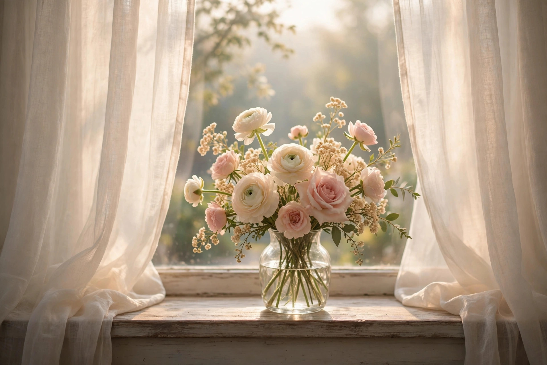 A serene sunrise over a quiet blooming garden with soft golden mist