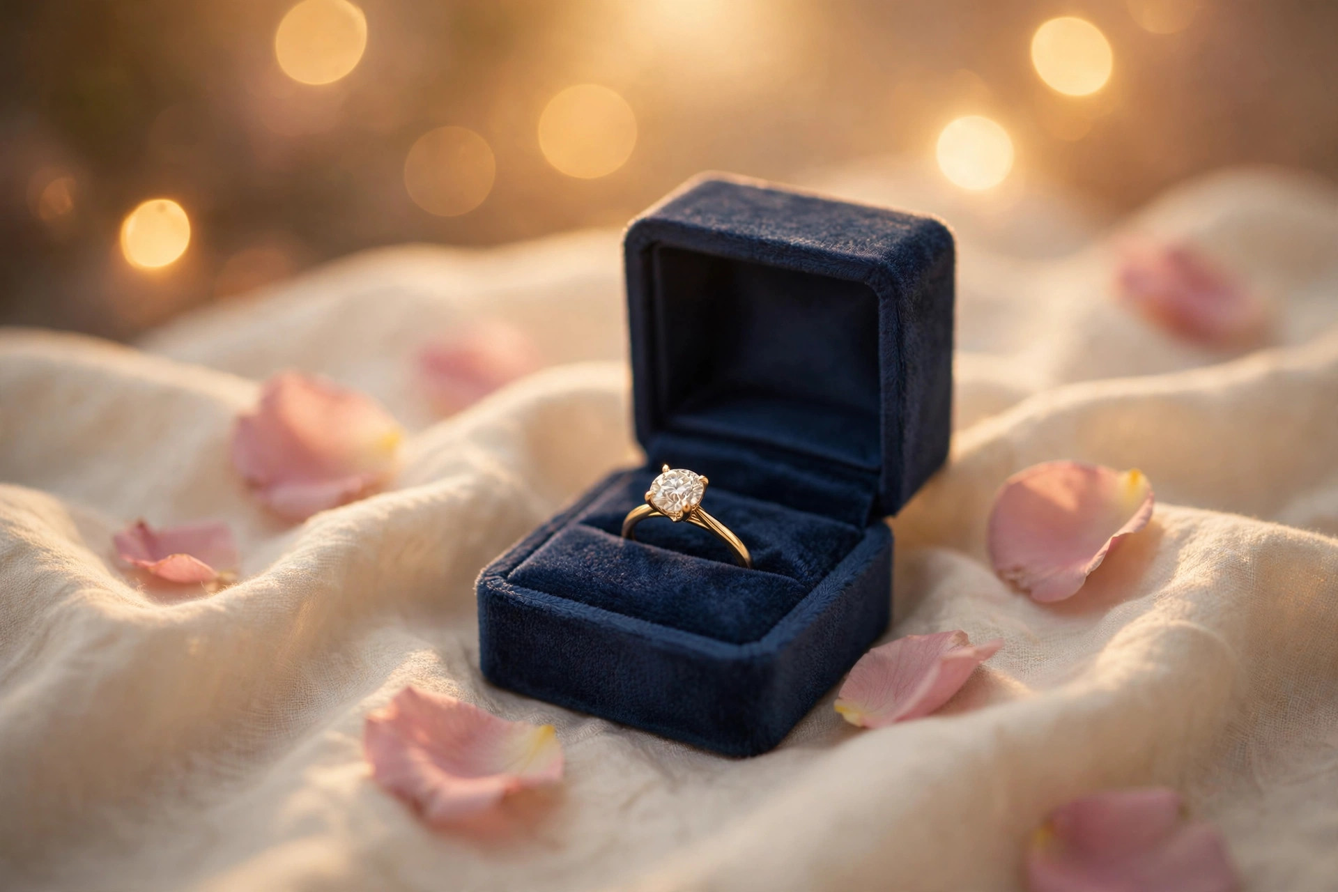 A diamond engagement ring in a velvet box on cream fabric with rose petals in soft golden light