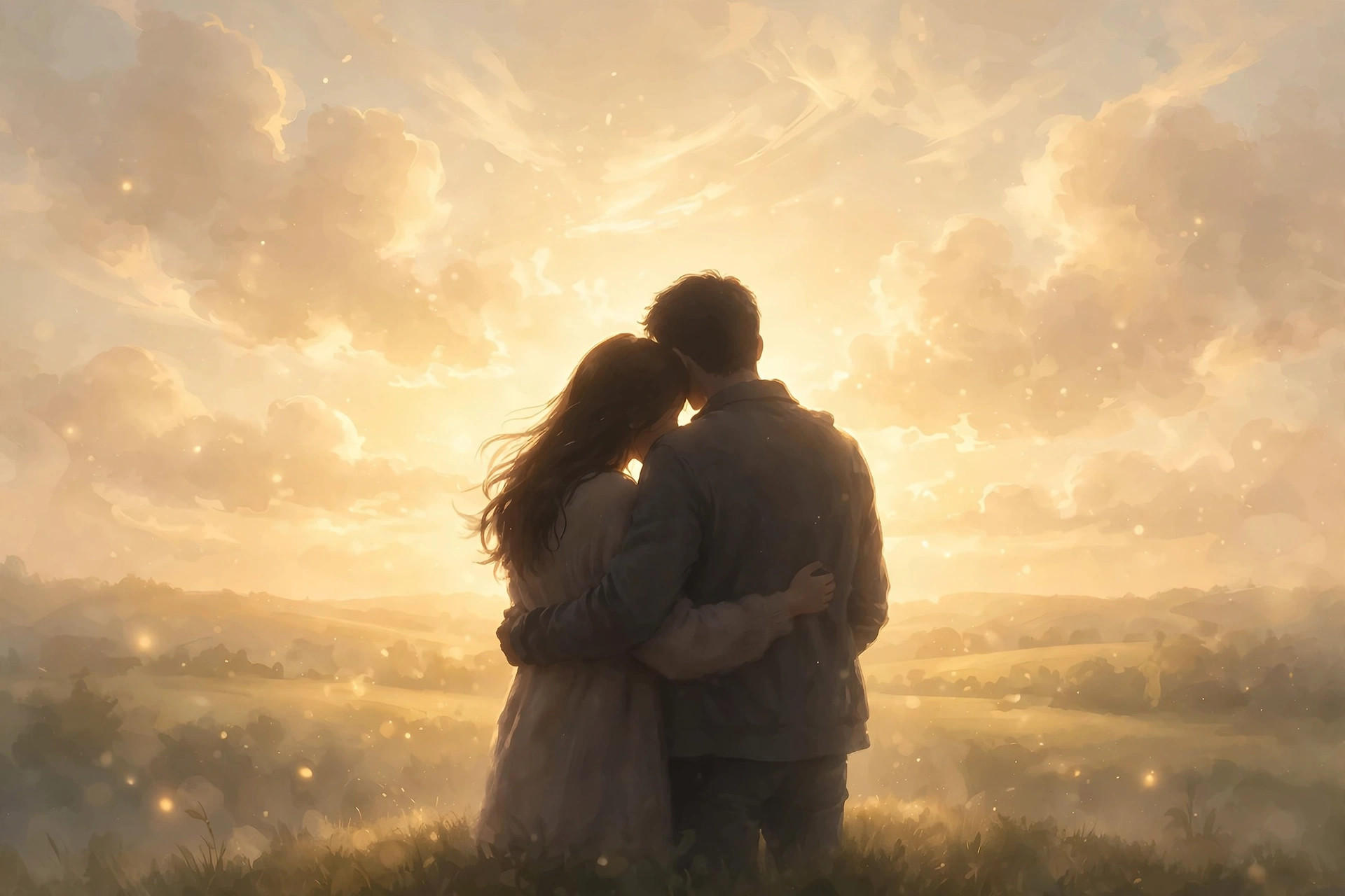 A happy couple silhouetted at golden sunset holding each other in a warm embrace