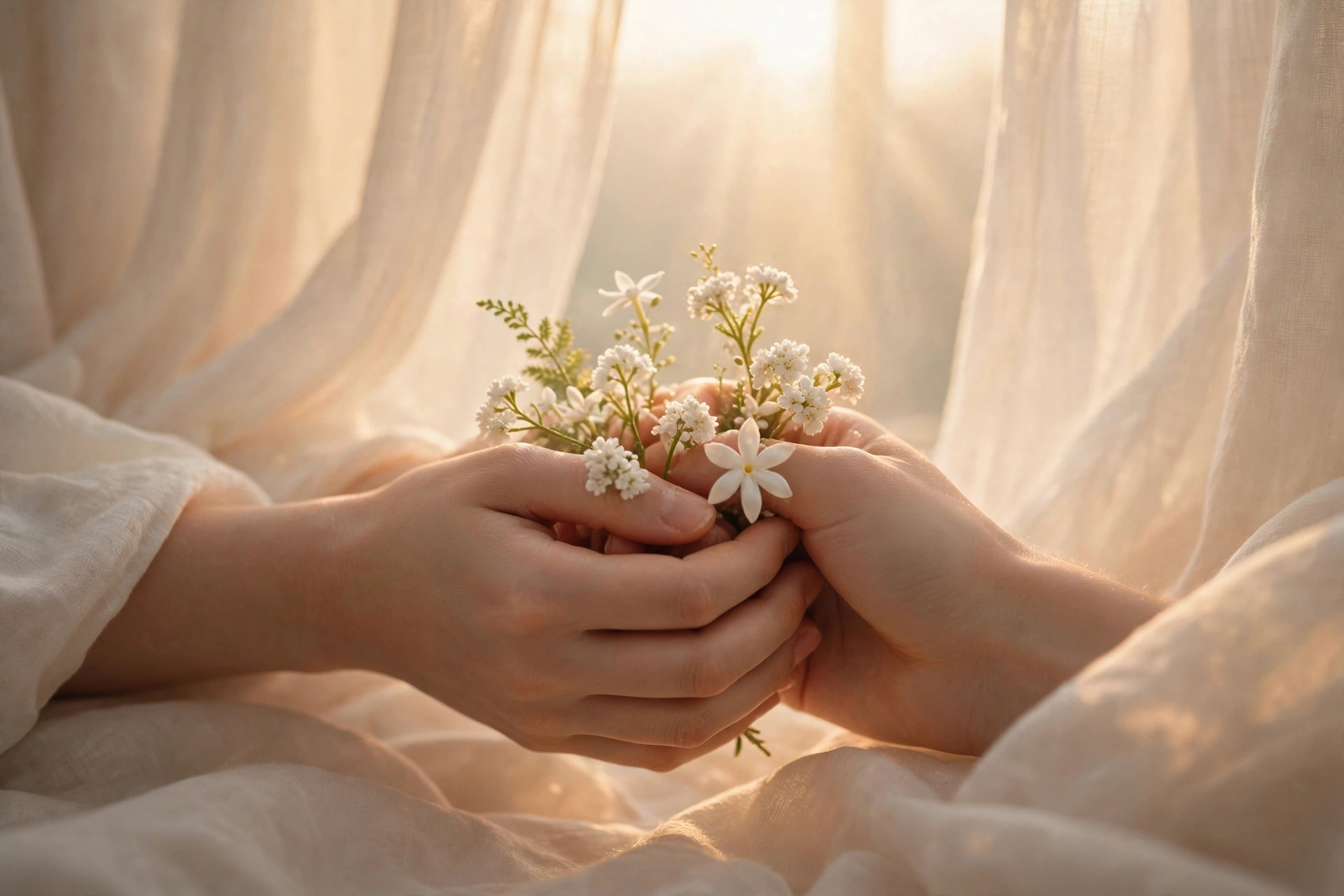 Hands gently holding with delicate flowers in warm sunrise light through soft curtains