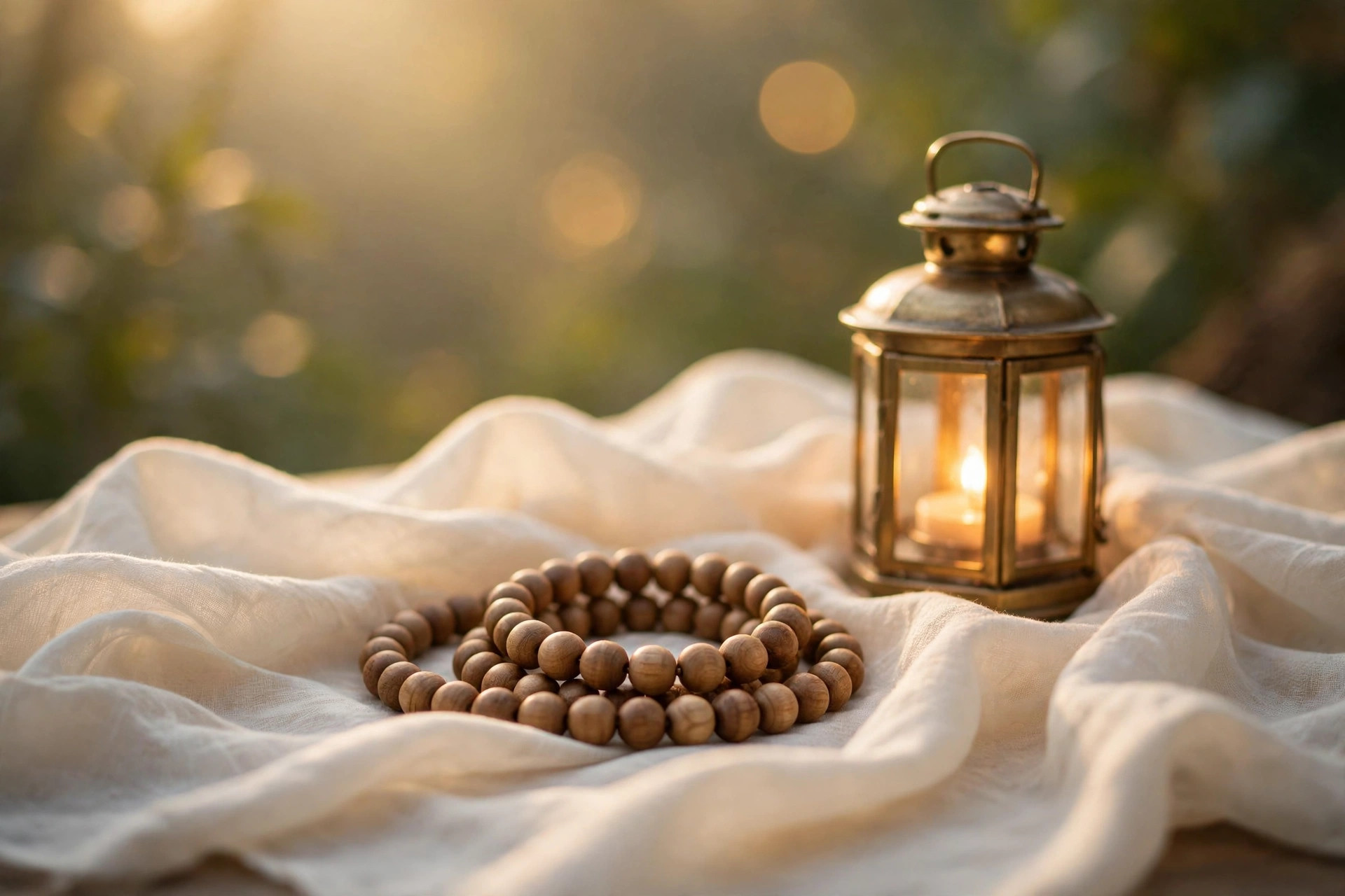 Prayer beads resting on soft cream fabric beside a glowing lantern in gentle golden light