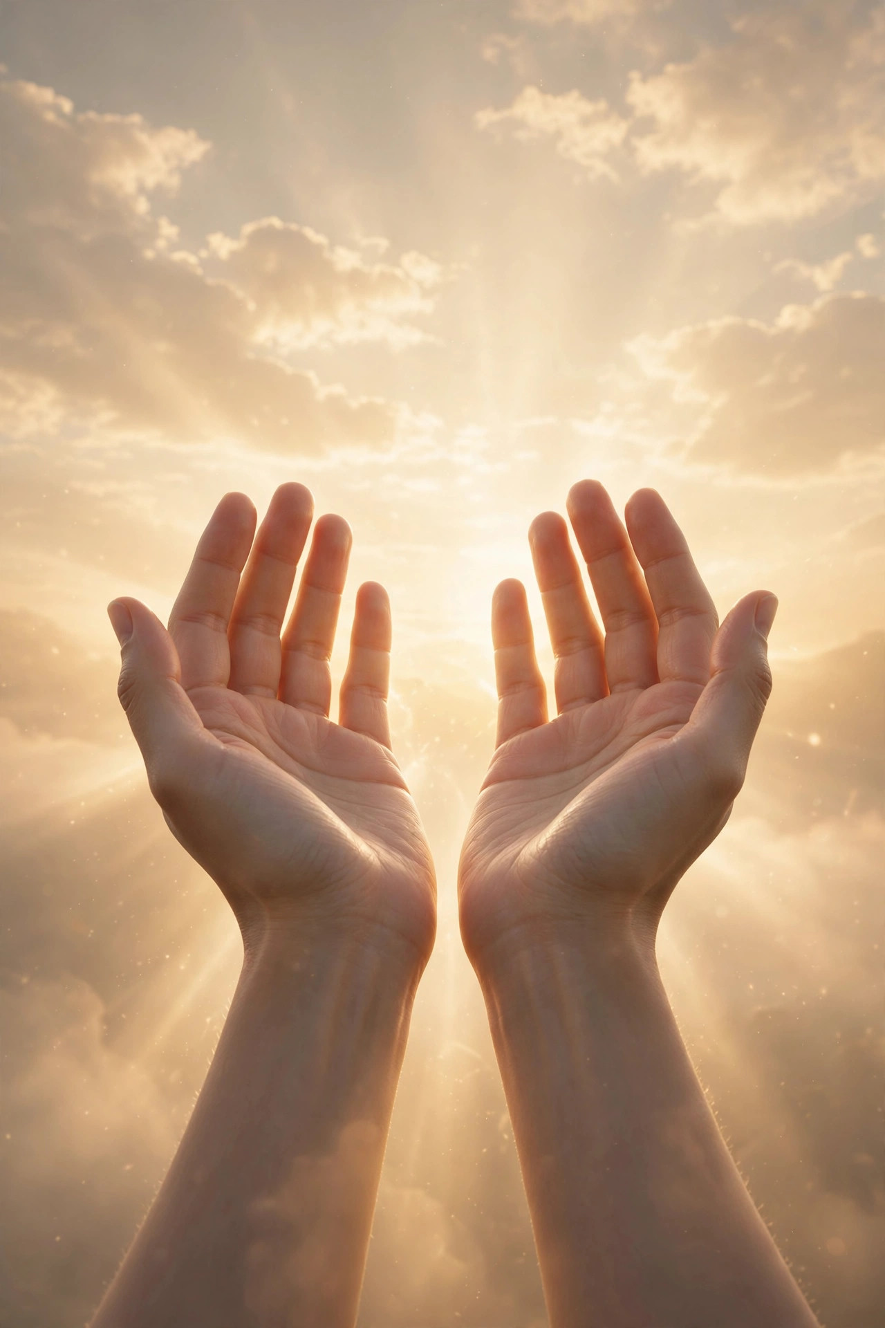 Open hands raised in humble dua against a soft golden dawn sky