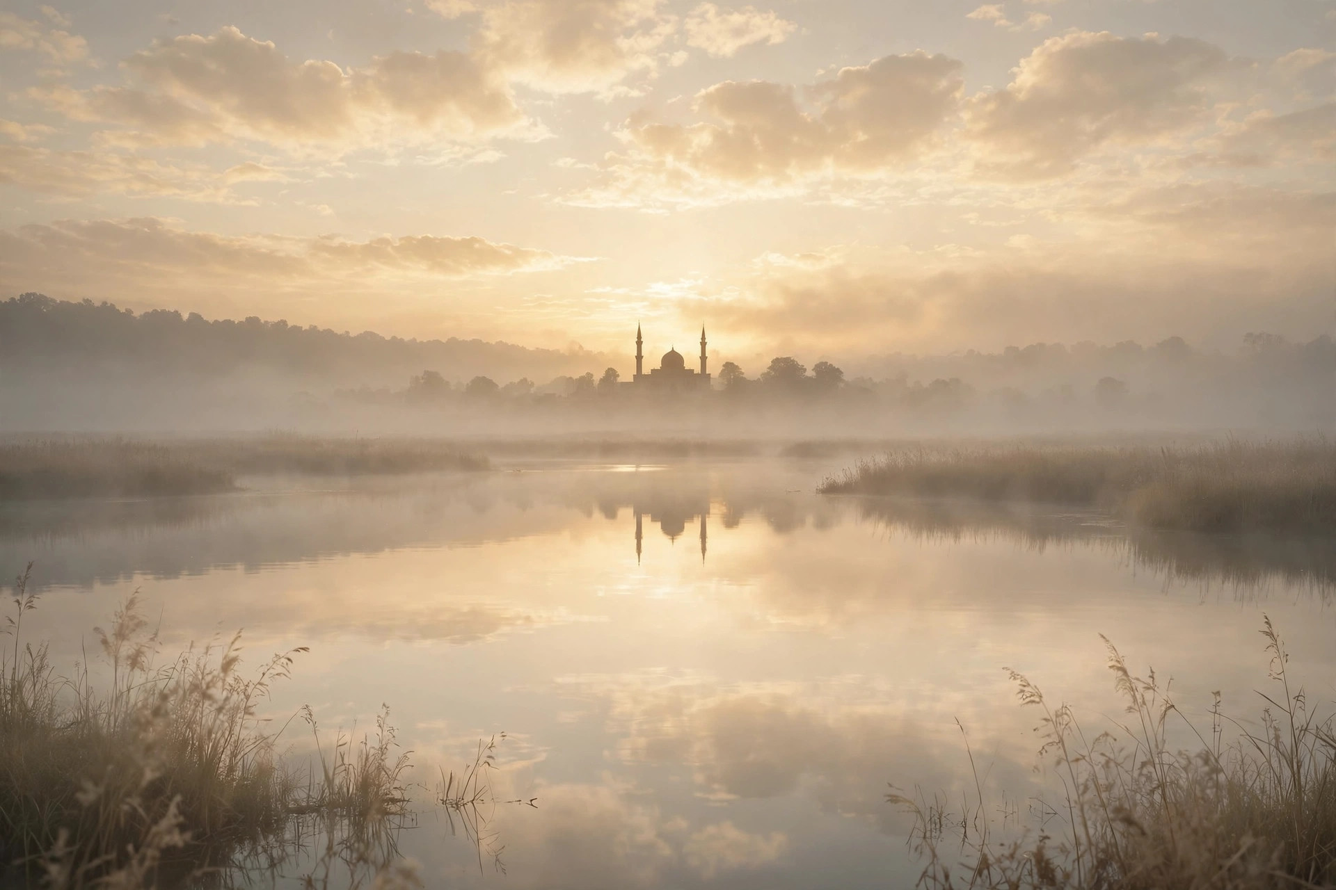 A serene mosque silhouette at dawn with soft cream and golden light filling the sky