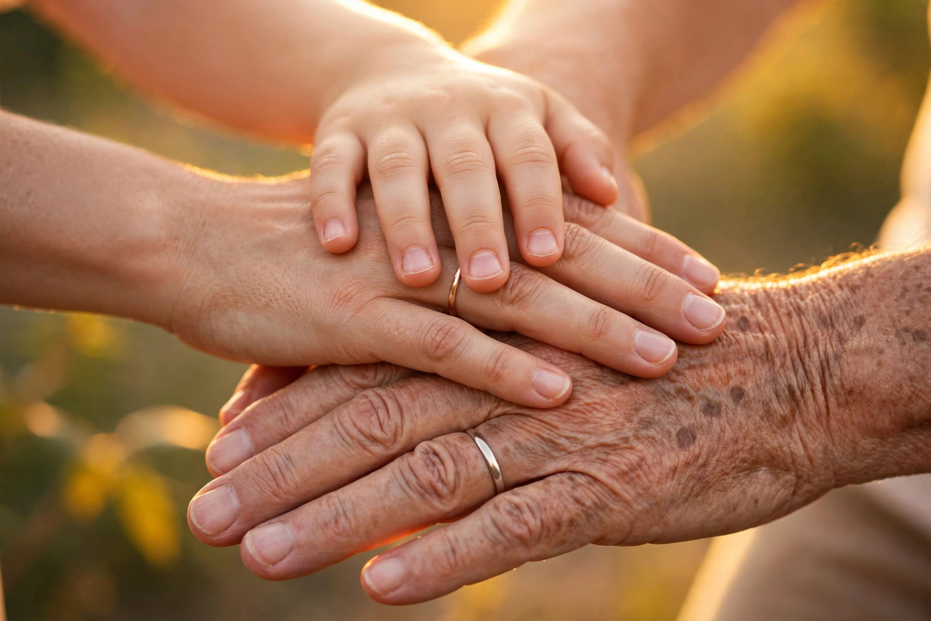 A family holding hands together around a warmly lit table at dusk in golden light