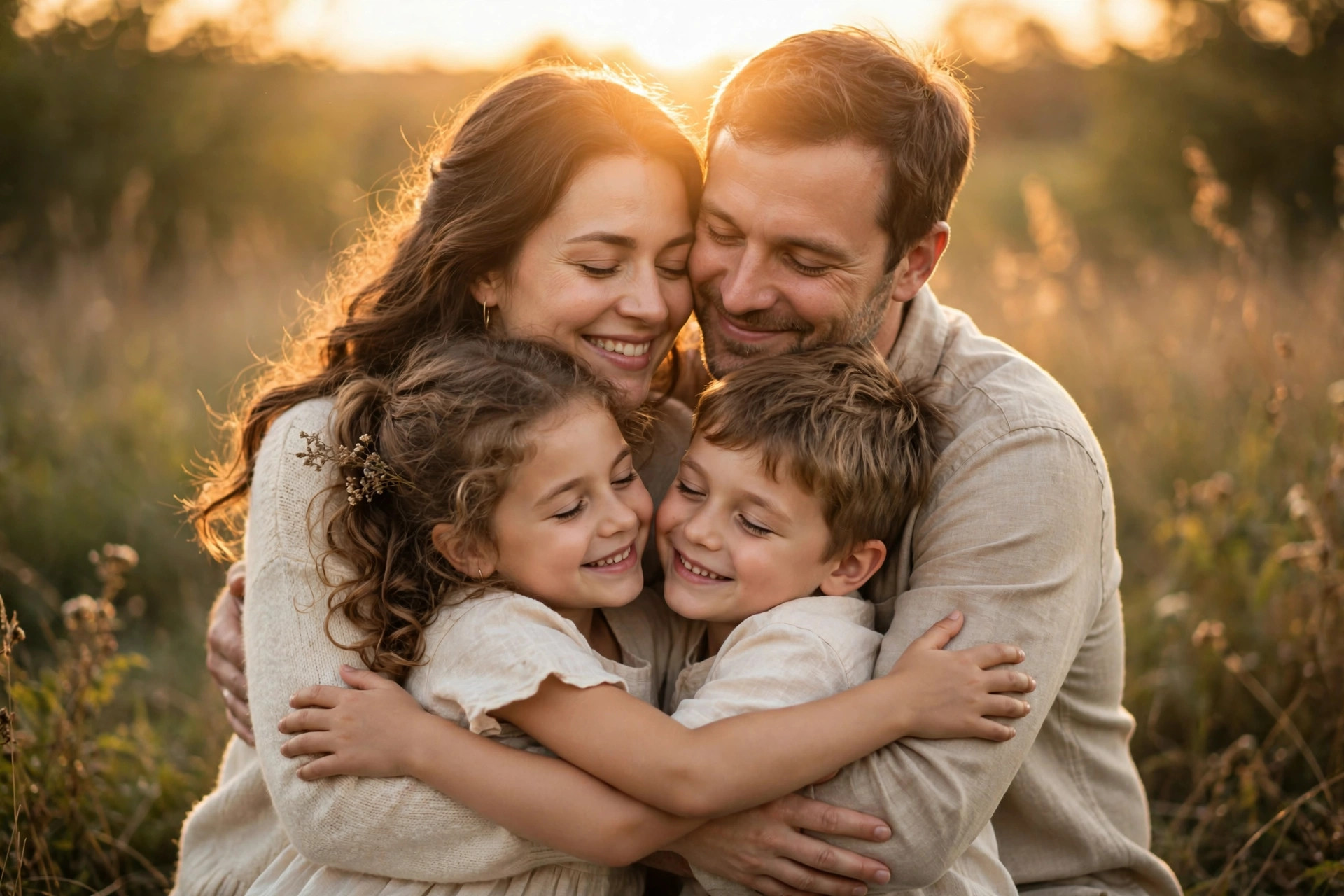 Parents embracing children in warm golden backlight, a joyful tender family moment