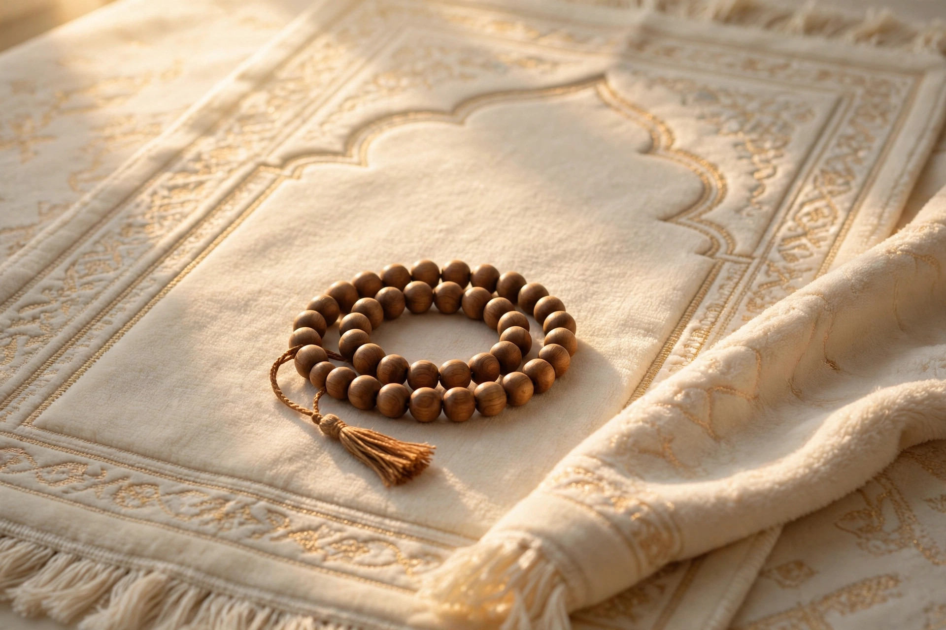 Prayer beads resting on a cream prayer rug in soft golden morning light