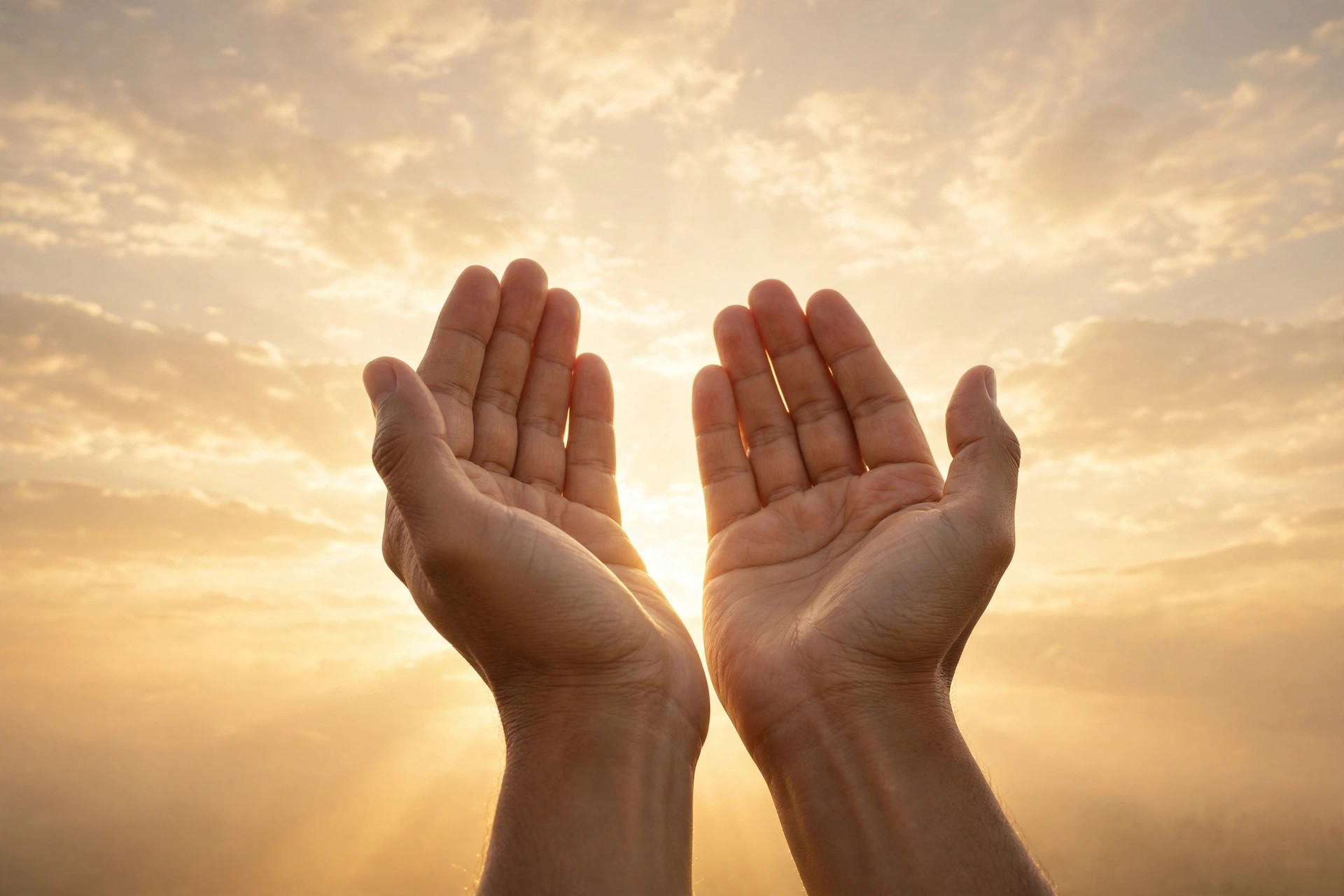 Hands raised in dua against a soft golden dawn sky, a serene spiritual moment