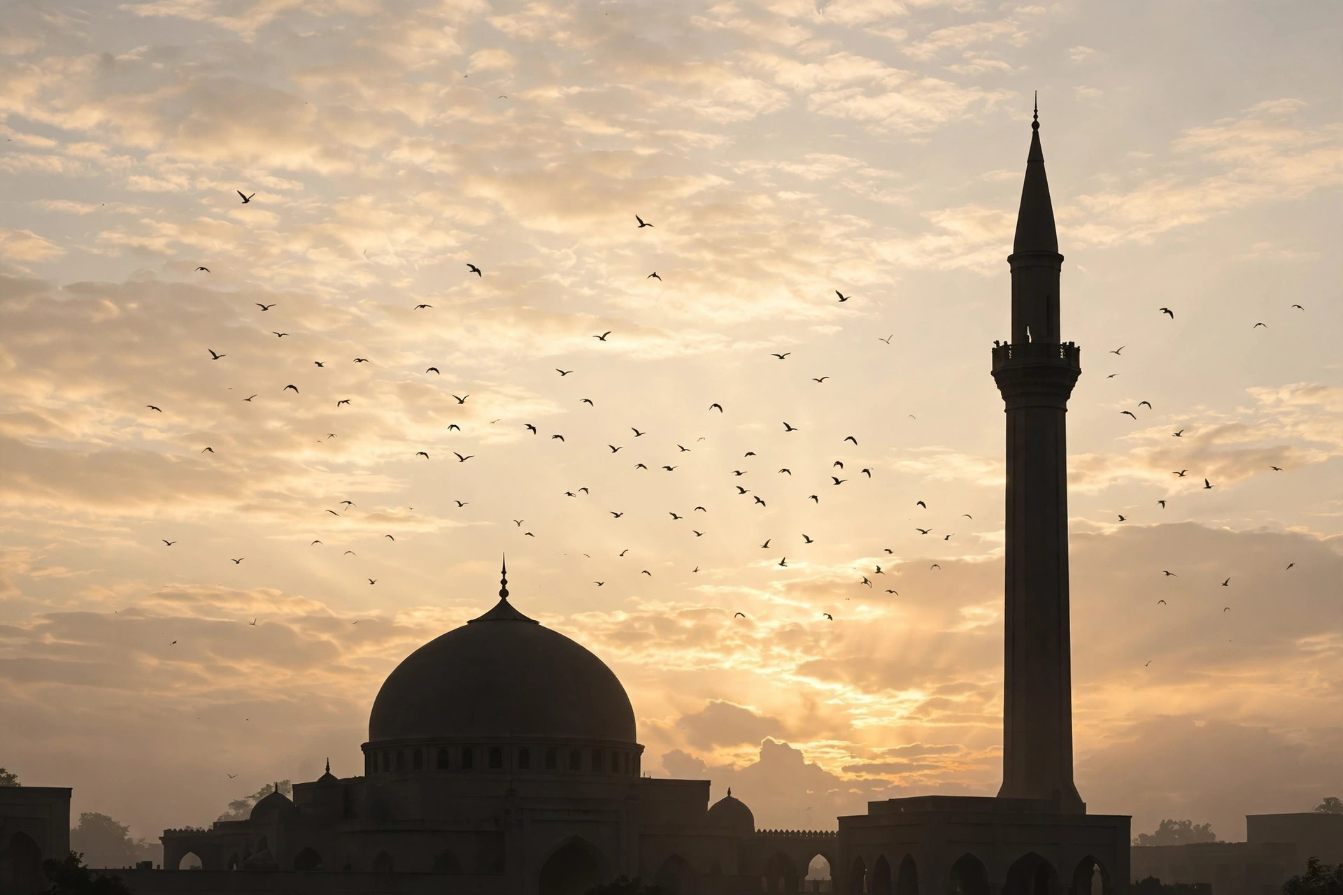 A mosque dome and minaret silhouette with birds at sunrise in a soft cream and gold sky
