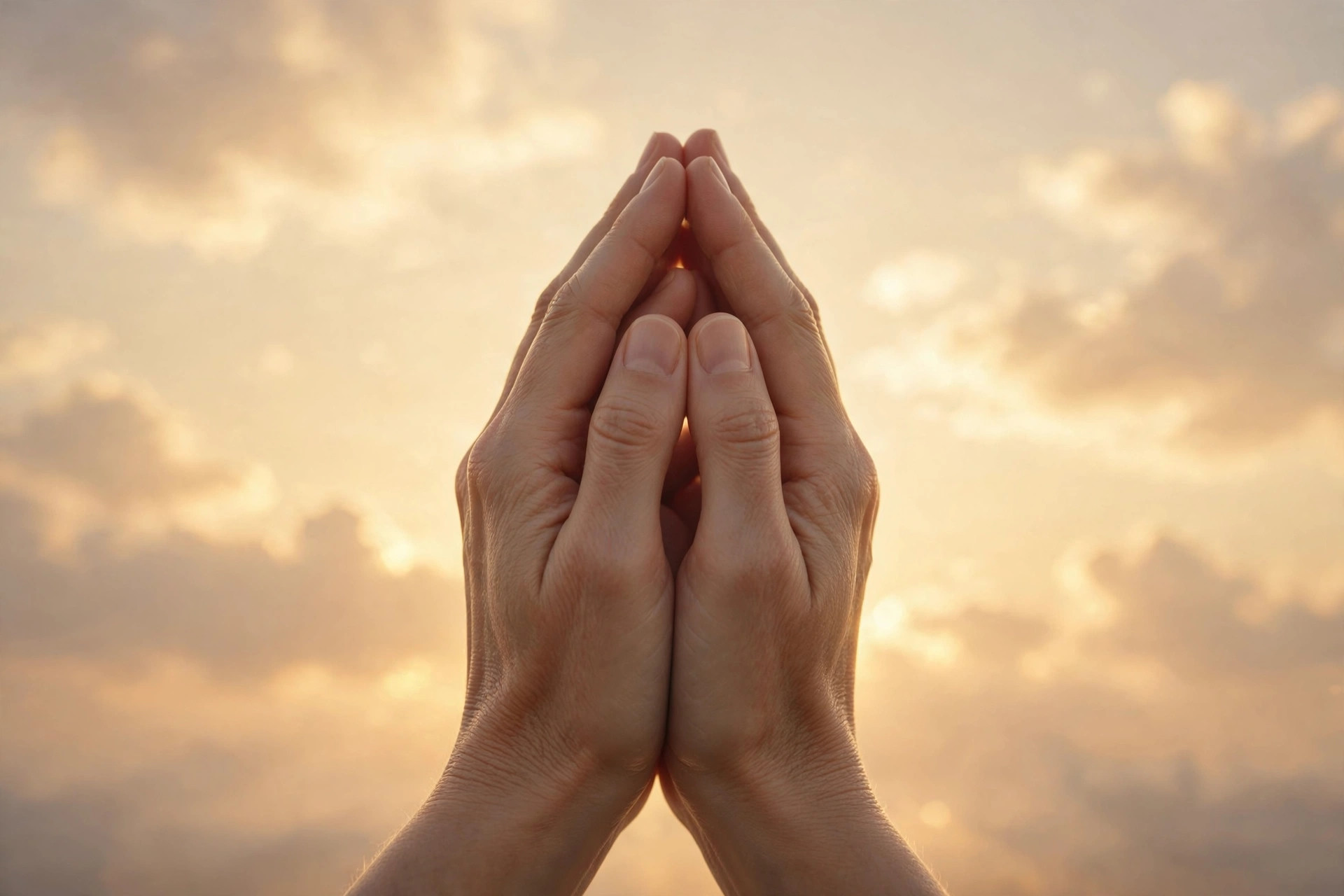 Hands folded in prayer against a softly glowing evening sky in warm cream tones