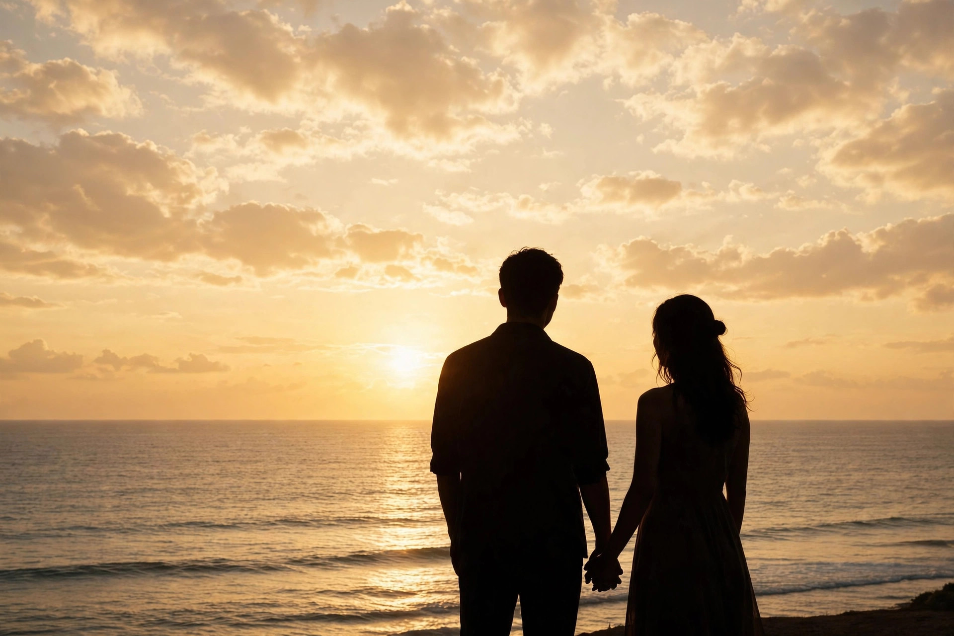 Two hands gently holding each other showing simple wedding bands in soft golden light