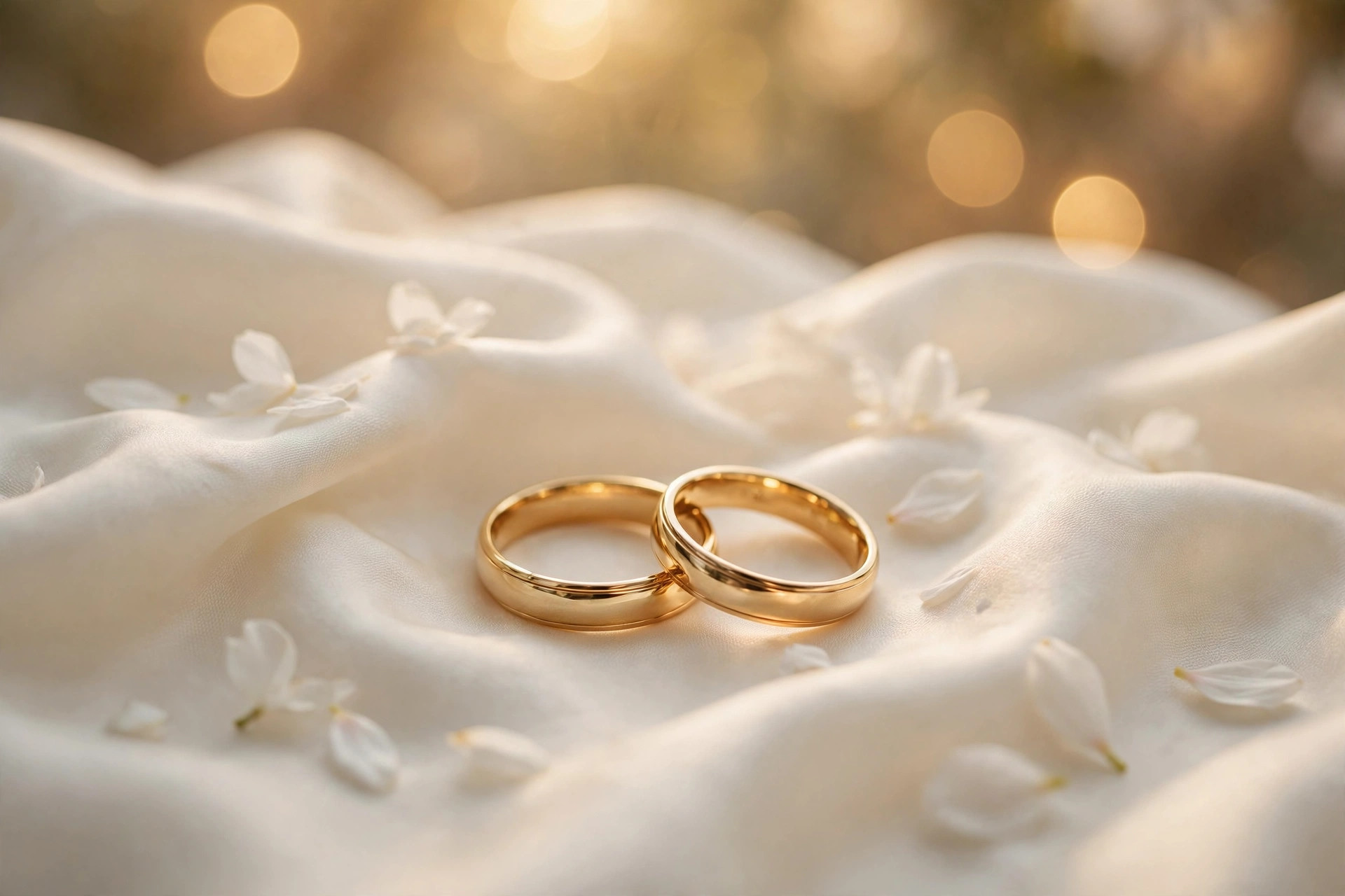 Two gold wedding bands resting on ivory silk with white flower petals in warm golden light