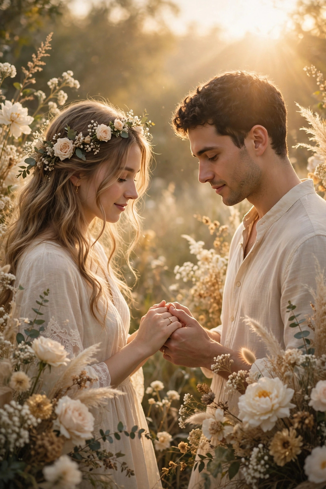 A couple holding hands beneath soft golden sunlight surrounded by wedding flowers