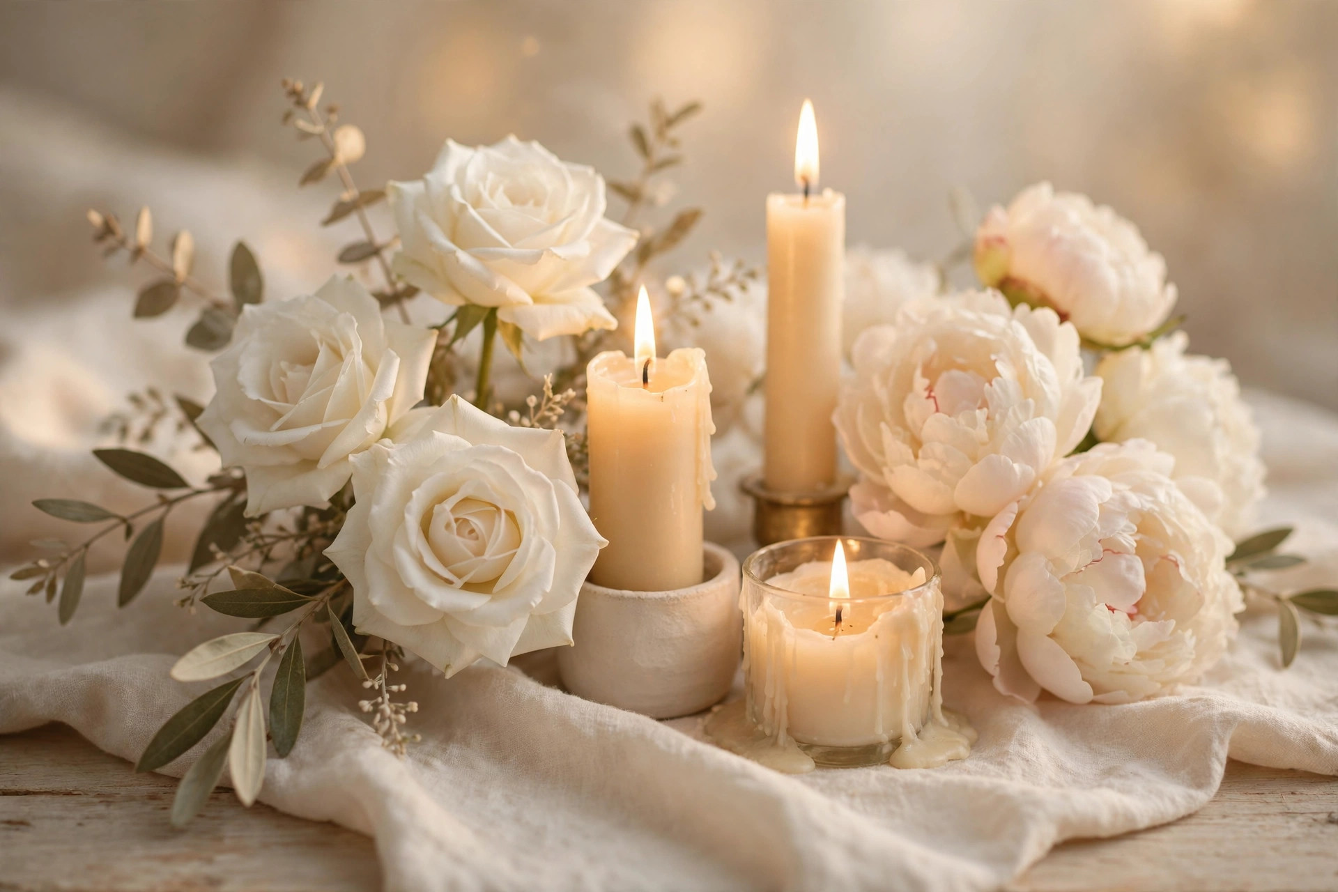 White roses and cream peonies beside lit candles glowing in soft golden light