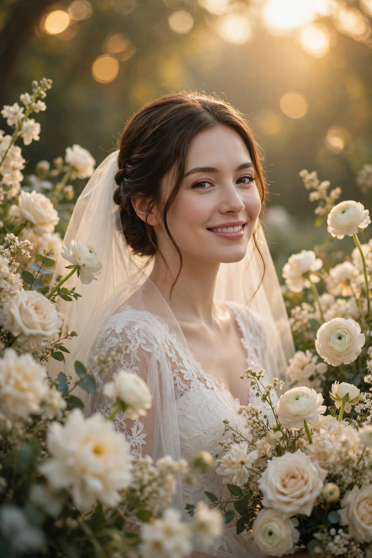 A radiant bride in soft morning light with cream flowers, serene and joyful