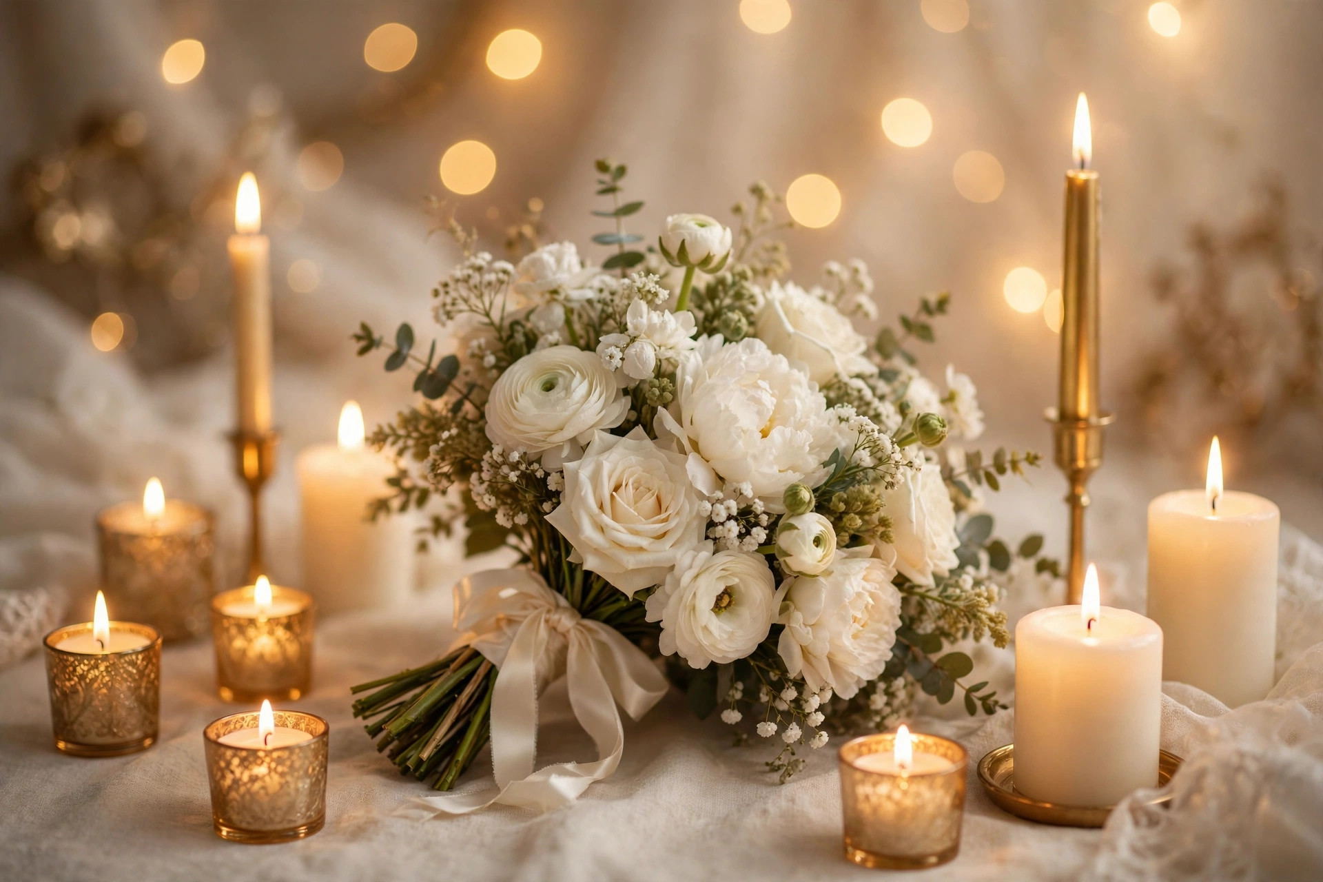 Soft white bouquet and glowing candles in warm light, an elegant bridal blessing scene