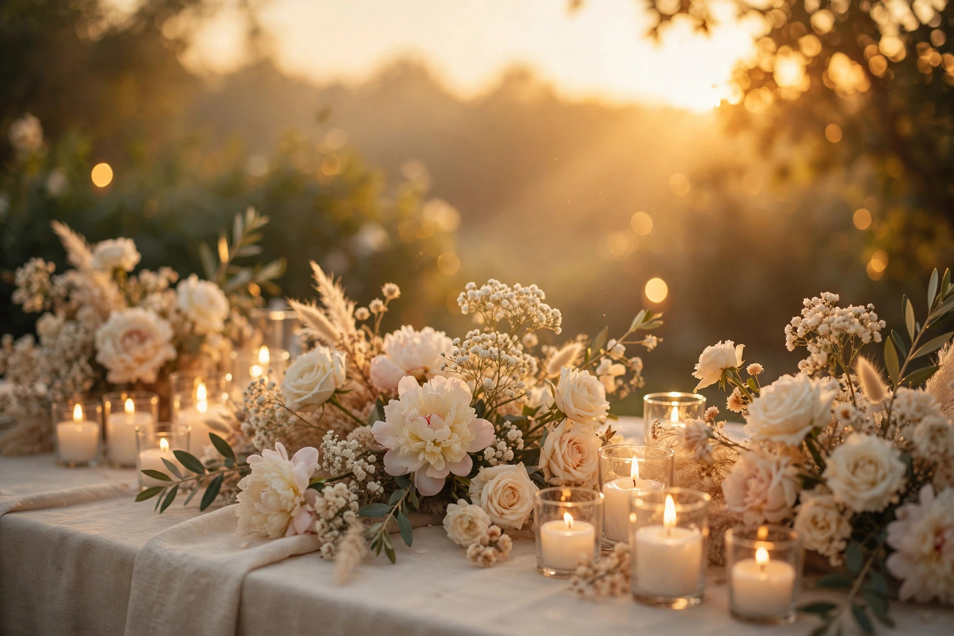 Golden sunset light over soft blossoms and candles, a dreamy wedding celebration mood