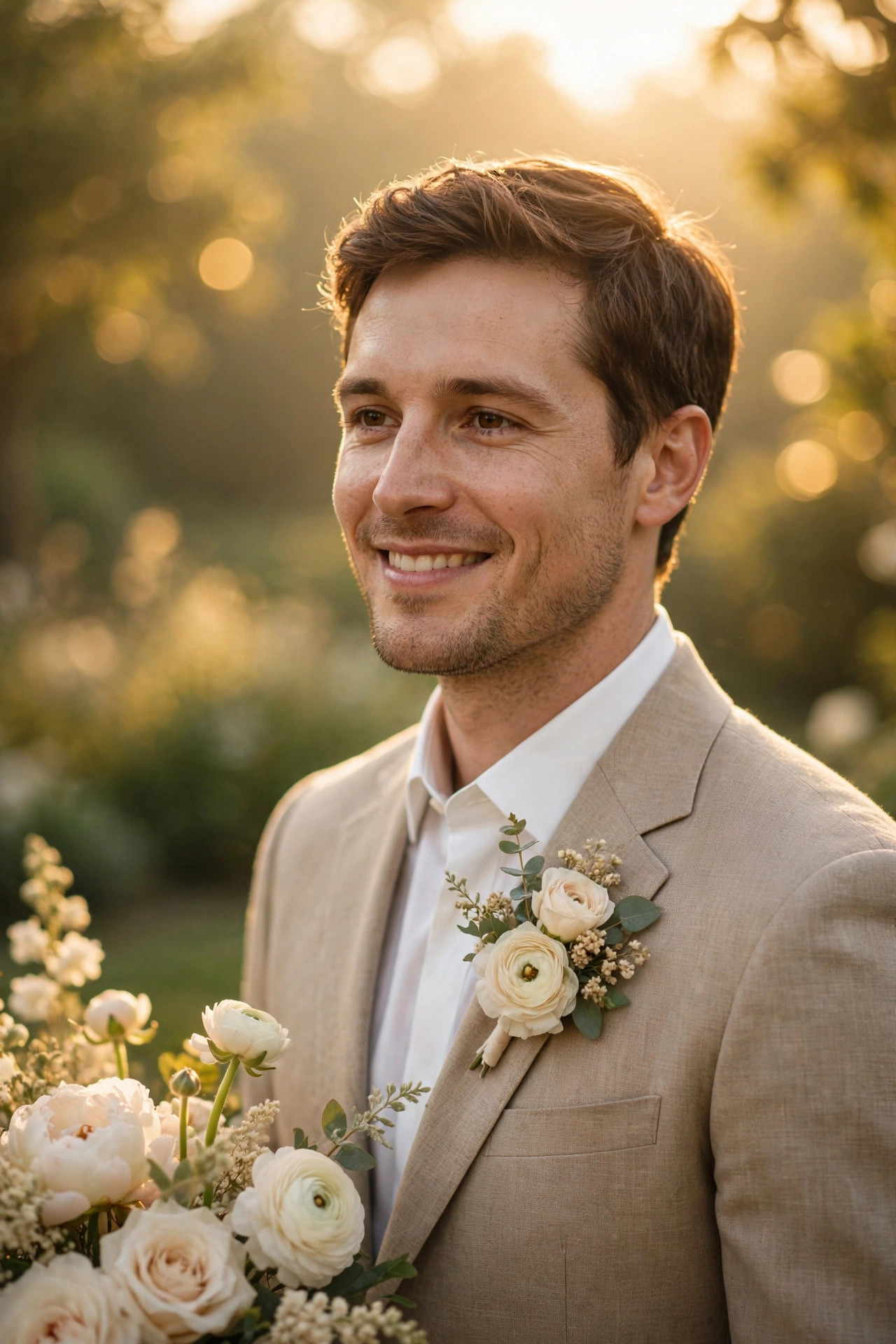 A groom in soft golden morning light with cream flowers nearby, calm and joyful
