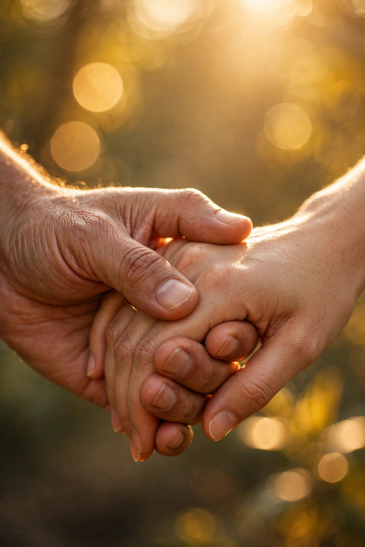 Two hands clasped in warm sunlight with soft bokeh, symbolizing covenant and strength